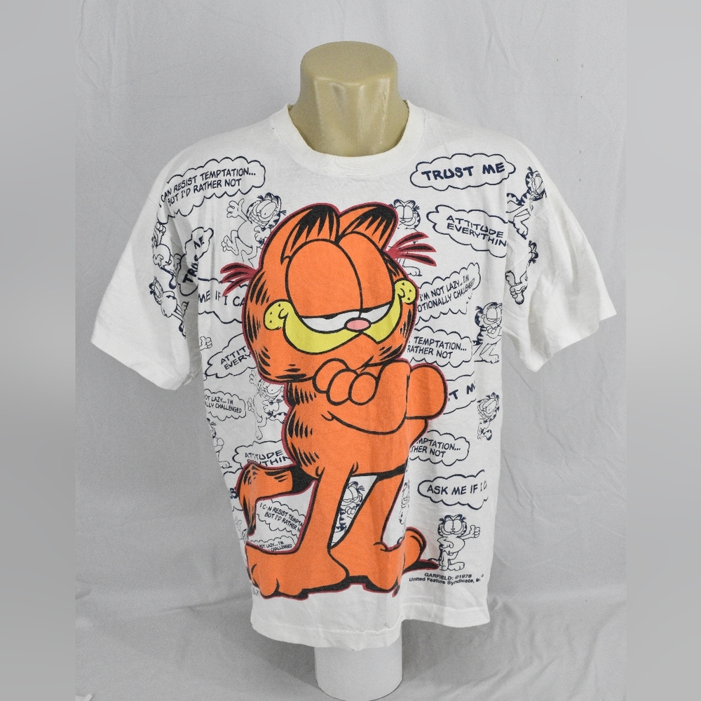 Vintage 90's Fruit Of The Loom Double Print  Garfield,Size:XL,Color:White